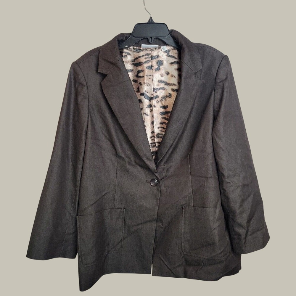 Susan Graver Blazer Professional Career Office Chic Animal Print Lining Brown 1X